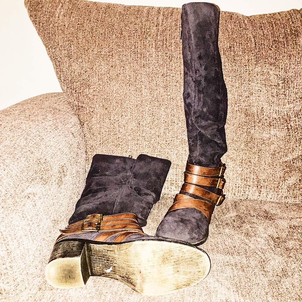 Only Worn Once! Black Suede Boots w Brown Detail